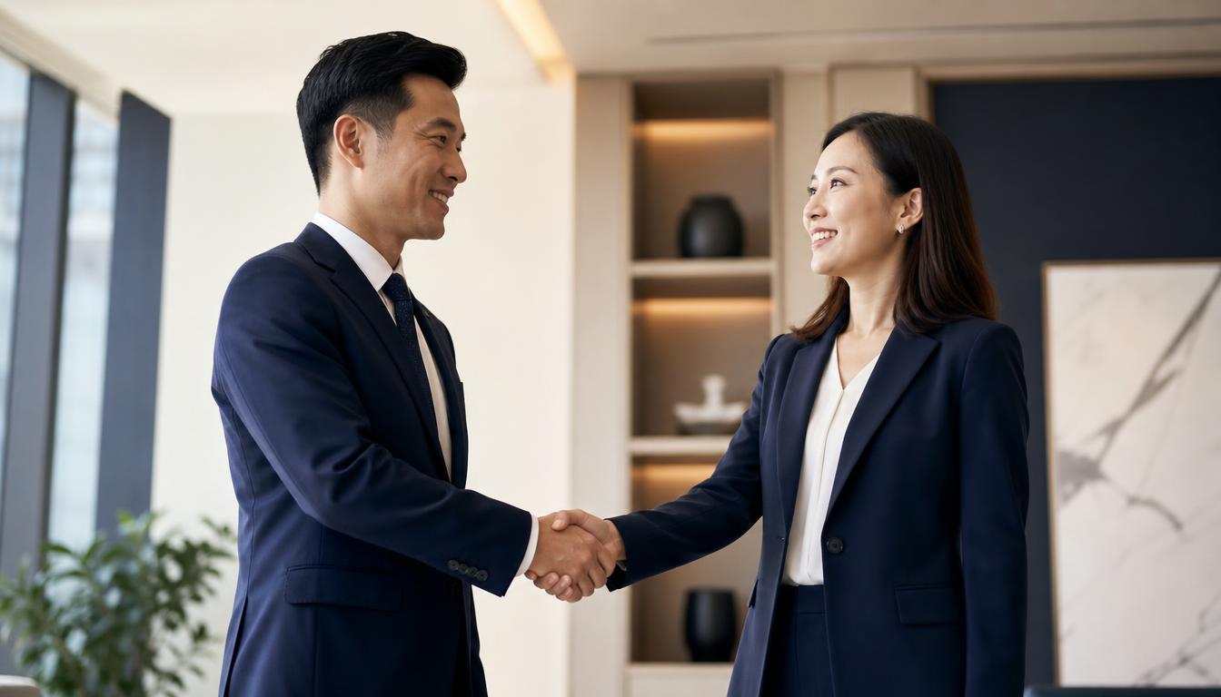 Korean and Japanese business professionals shaking hands in partnership